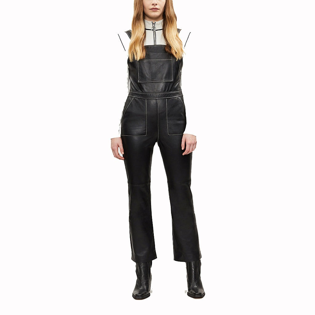 Women's Black Lambskin Leather Jumpsuit with Square Neckline