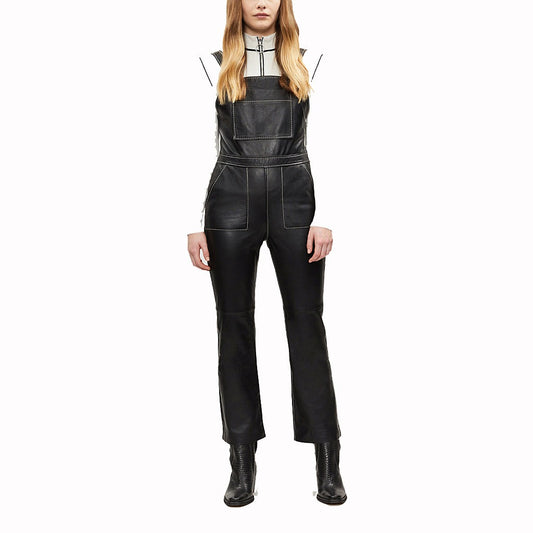 Women's Black Lambskin Leather Jumpsuit with Square Neckline