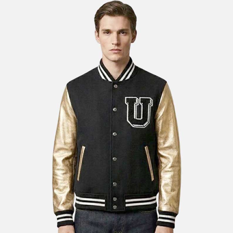 New black wool varsity bomber jacket with gold leather sleeve by Glory Store US