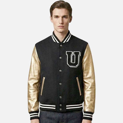 New black wool varsity bomber jacket with gold leather sleeve by Glory Store US