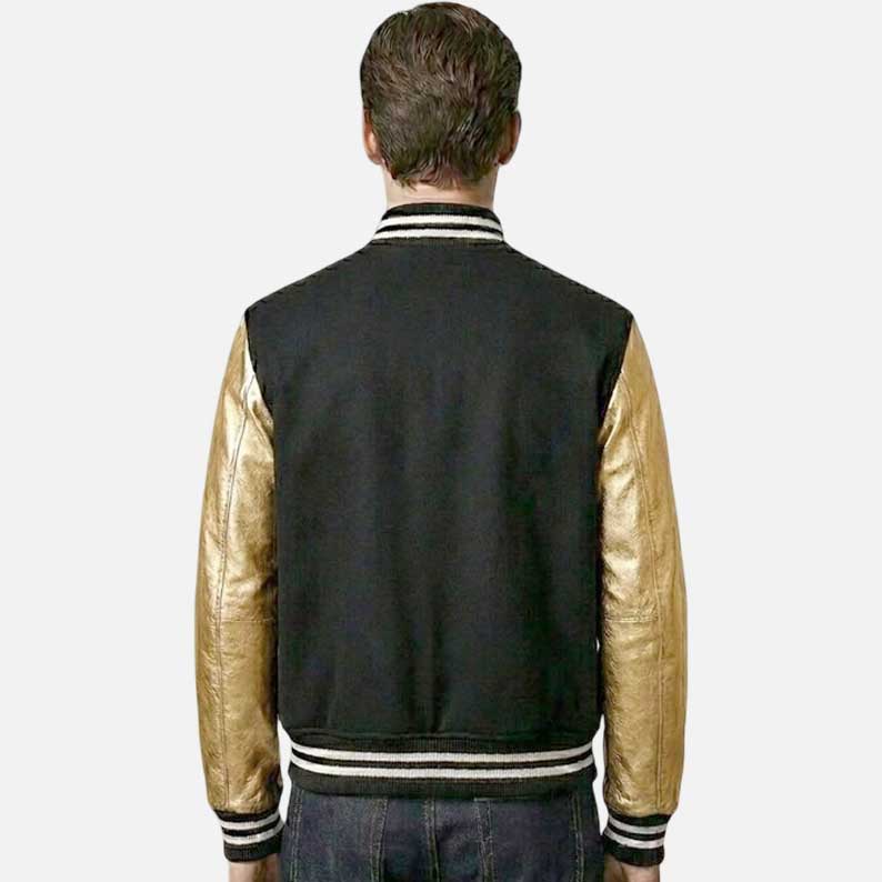 Best black and gold varsity bomber jacket for sale with metallic leather sleeve