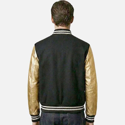 Best black and gold varsity bomber jacket for sale with metallic leather sleeve