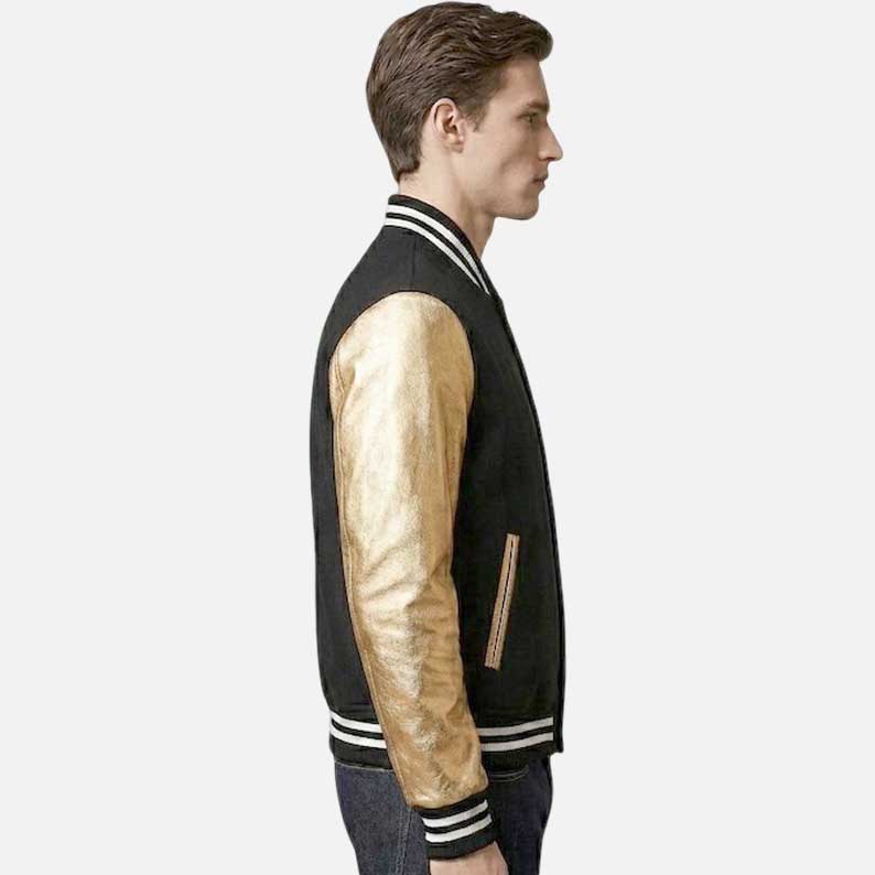Stylish black and gold varsity bomber jacket men streetwear fashion look