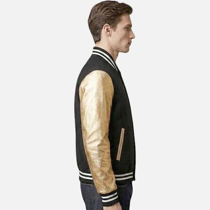 Stylish black and gold varsity bomber jacket men streetwear fashion look