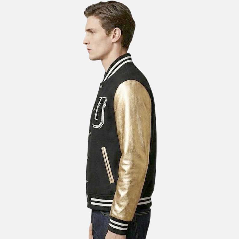 Premium black wool varsity bomber jacket with genuine gold metallic leather sleeve