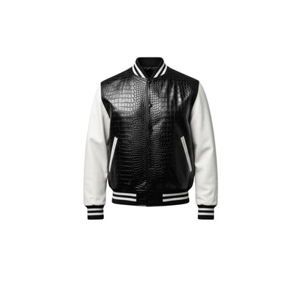 Black Crocodile Embossed Leather Varsity Jacket – Handmade Urban Streetwear Style