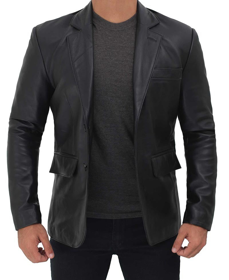 Two Button Notch Lapel Men's Black Leather Blazer - Sleek Formal Style