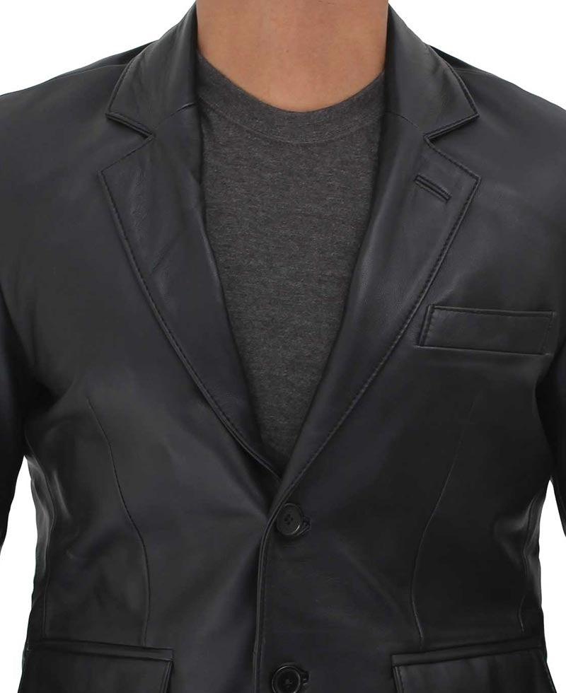 Two Button Notch Lapel Men's Black Leather Blazer - Sleek Formal Style