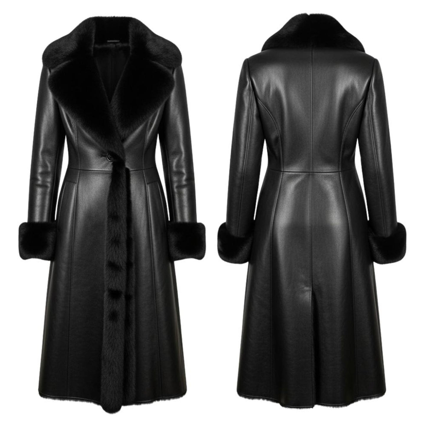 Black Leather Long Coat – Faux Fur Collar Elegant Winter Outerwear