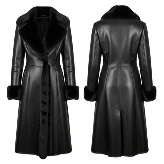 Black Leather Long Coat – Faux Fur Collar Elegant Winter Outerwear