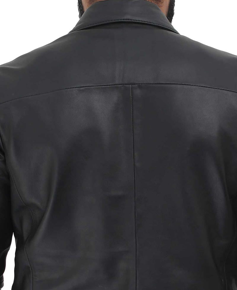 Two Button Notch Lapel Men's Black Leather Blazer - Sleek Formal Style