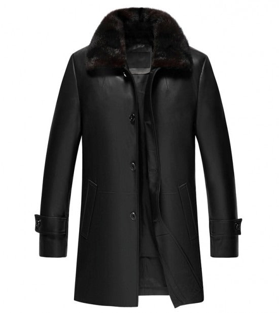 Men's Premium Black Leather 3/4 Length Coat with Shearling Collar - Classic Elegance