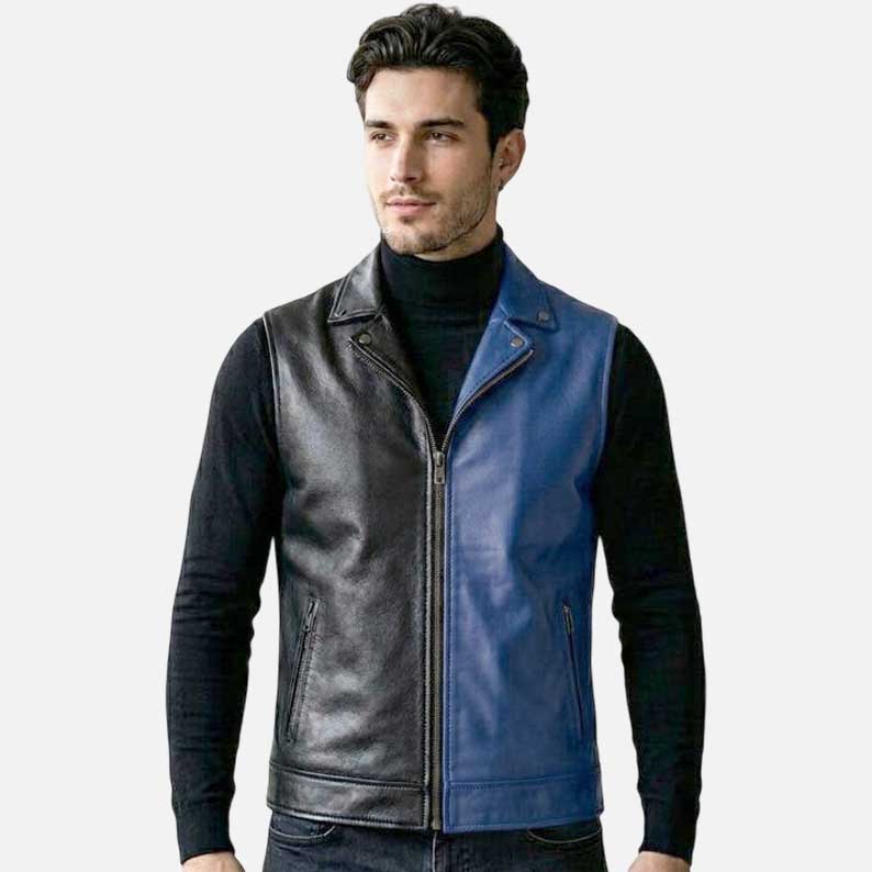 New black and blue leather biker vest for men handmade moto sleeveless design
