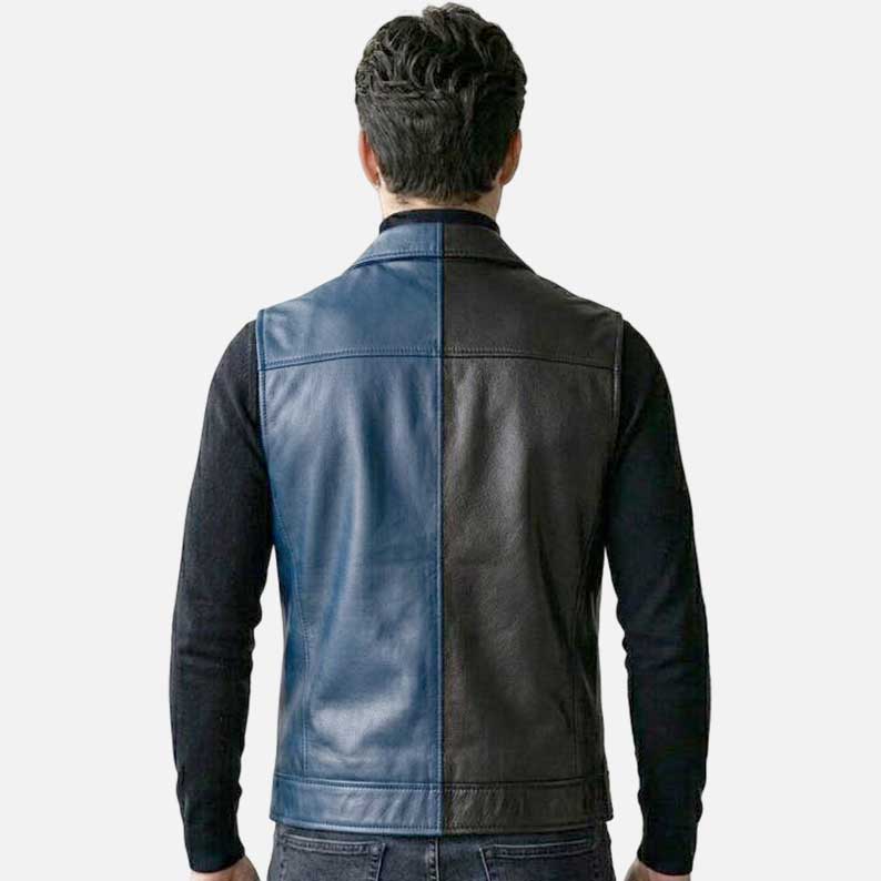 Best black and blue leather biker vest for sale with asymmetrical zipper closure