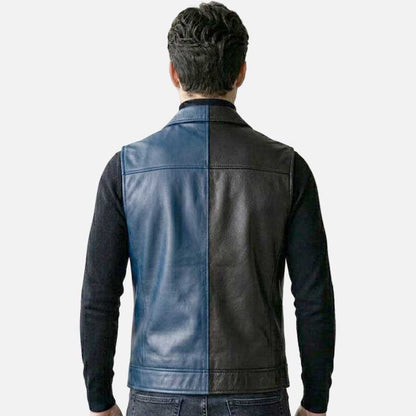 Best black and blue leather biker vest for sale with asymmetrical zipper closure