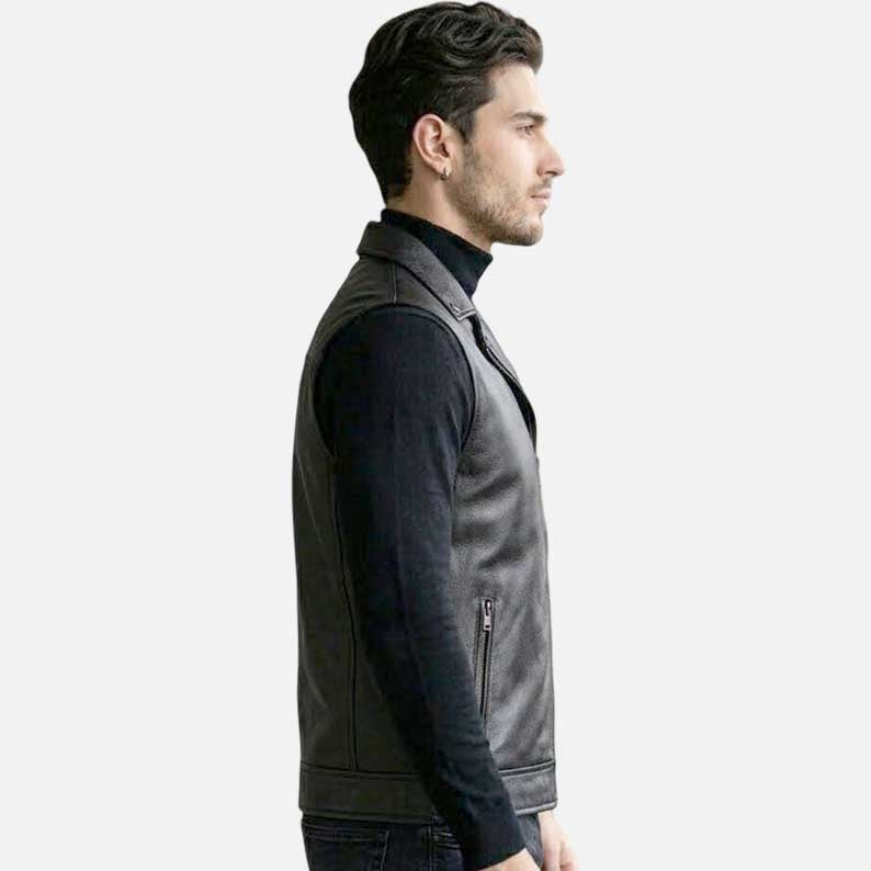 Stylish black and blue leather biker vest men streetwear and motorcycle fashion