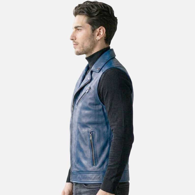 Premium handmade black and blue leather biker vest with tailored slim fit