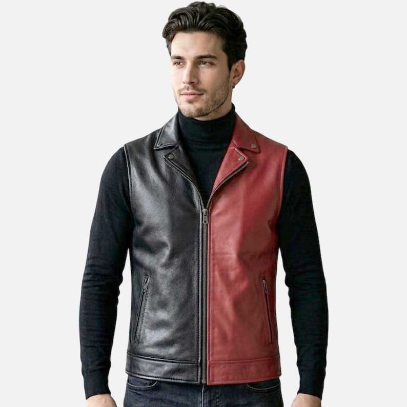 New black and red leather biker vest for men handmade moto sleeveless design