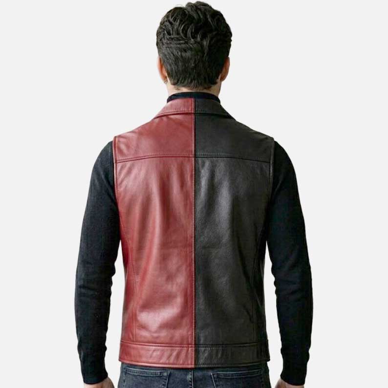 Best black and red leather biker vest for sale with asymmetrical zipper closure