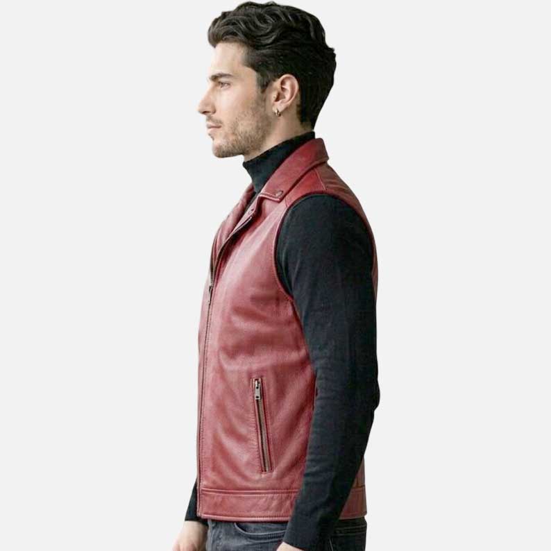 Premium handmade black and red leather biker vest with slim tailored fit