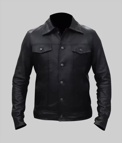 Blake Men’s Black Retro Style Leather Trucker Jacket