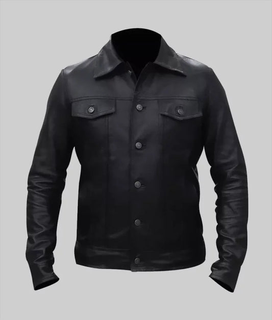 Blake Men’s Black Retro Style Leather Trucker Jacket