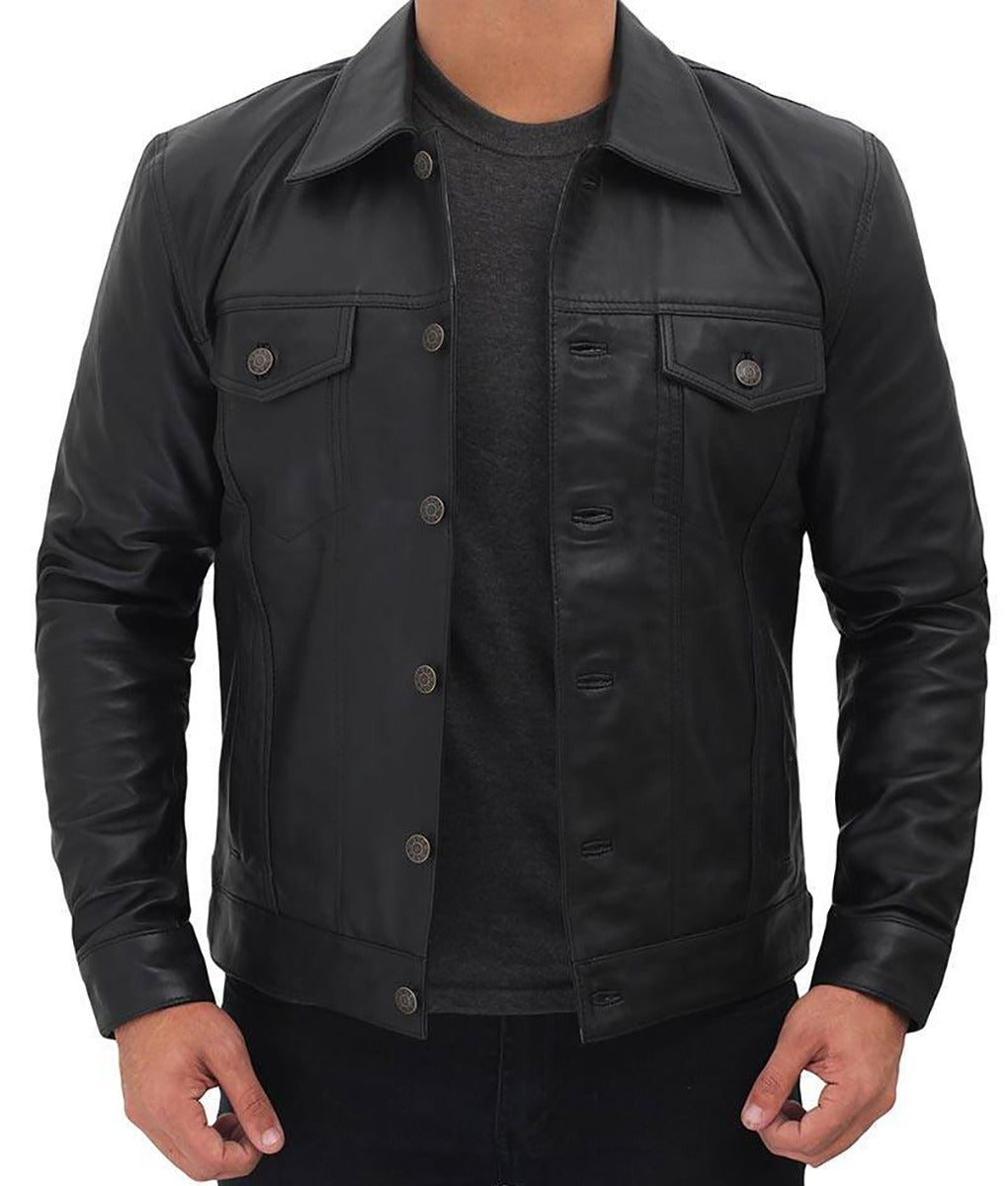 Blake Men’s Black Retro Leather Trucker Jacket - Vintage Cool