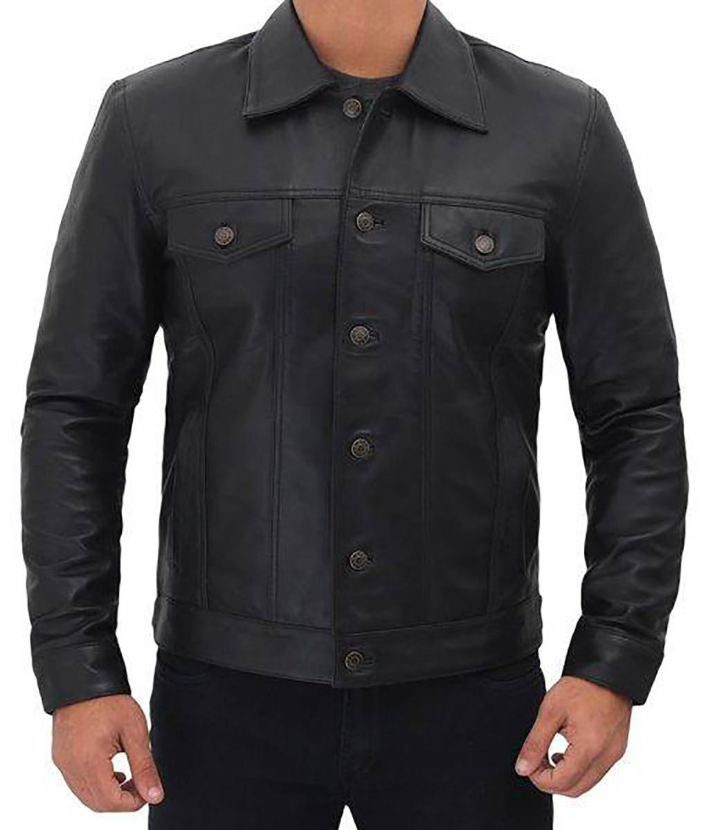 Blake Men’s Black Retro Leather Trucker Jacket - Vintage Cool