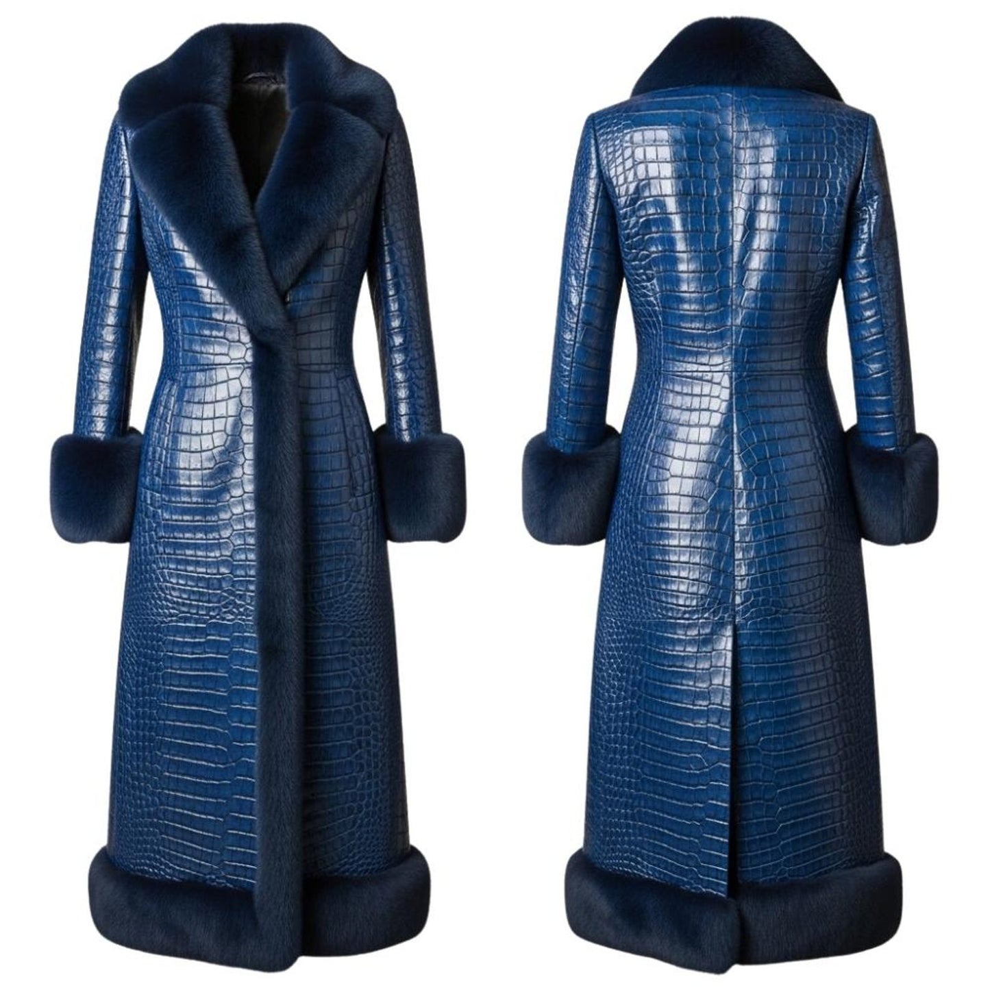 Blue Crocodile Embossed Leather Long Coat – Faux Fur Collar Ultimate Warmth