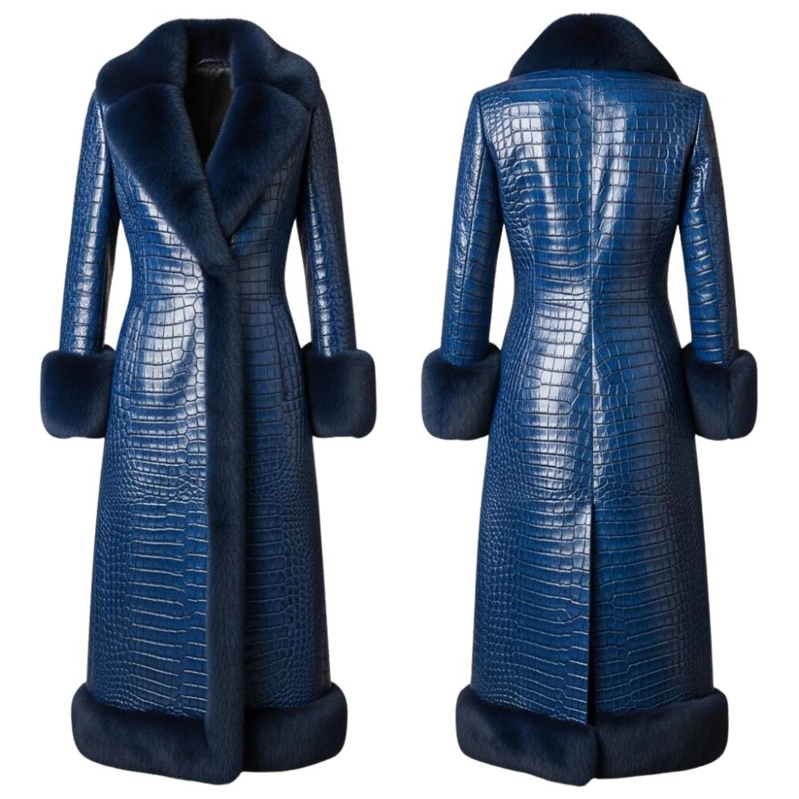 Blue Crocodile Embossed Leather Long Coat – Faux Fur Collar Ultimate Warmth