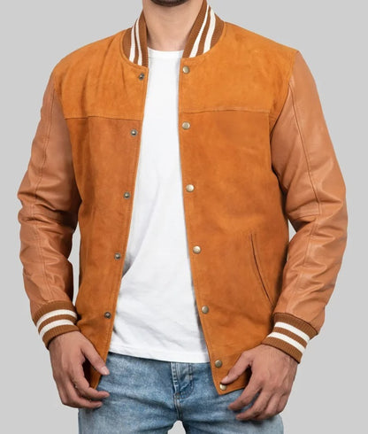 Boyle Men’s Classic Brown Leather Varsity Bomber Jacket