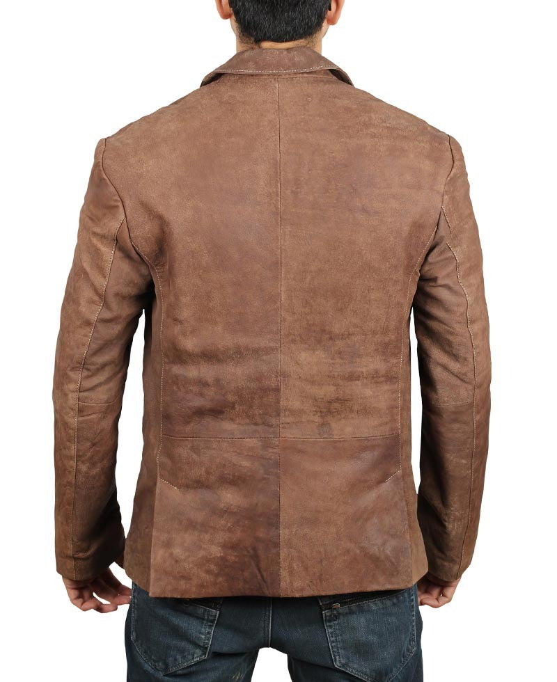 Men's Exclusive Two Button Real Leathear Brown Blazer - Timeless Sophistication