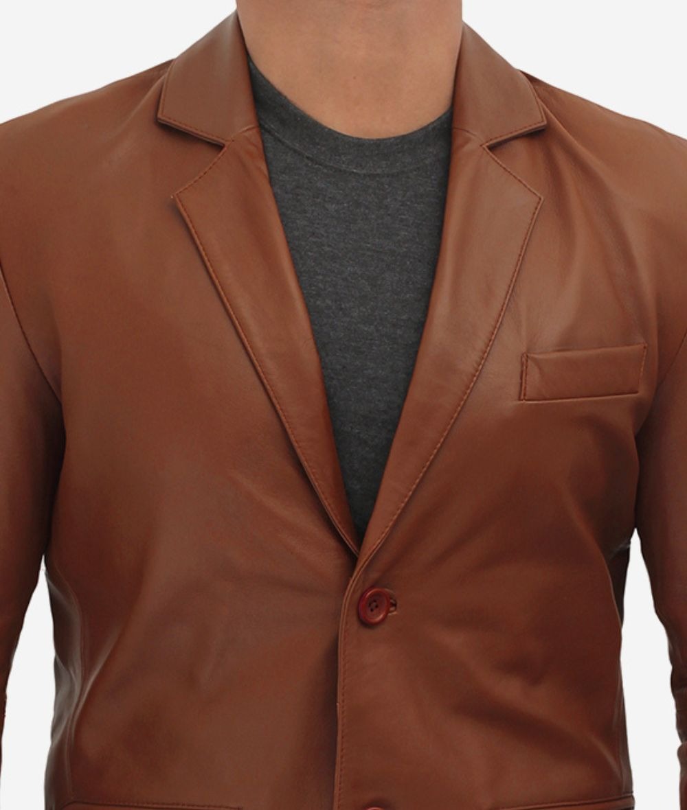 Men's Premium Two Button Cognac Leather Blazer - Refined Elegance