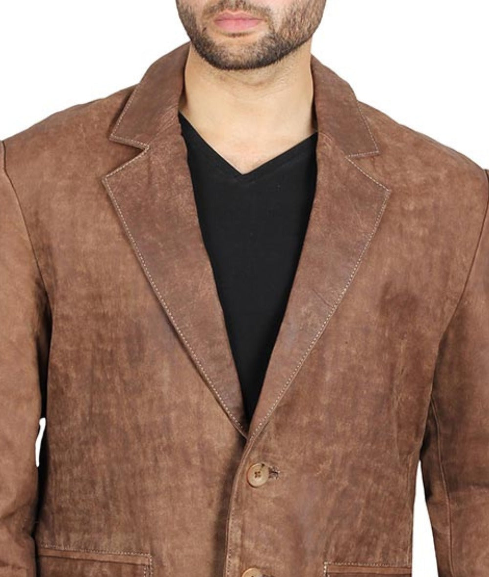 Men's Exclusive Two Button Real Leathear Brown Blazer - Timeless Sophistication