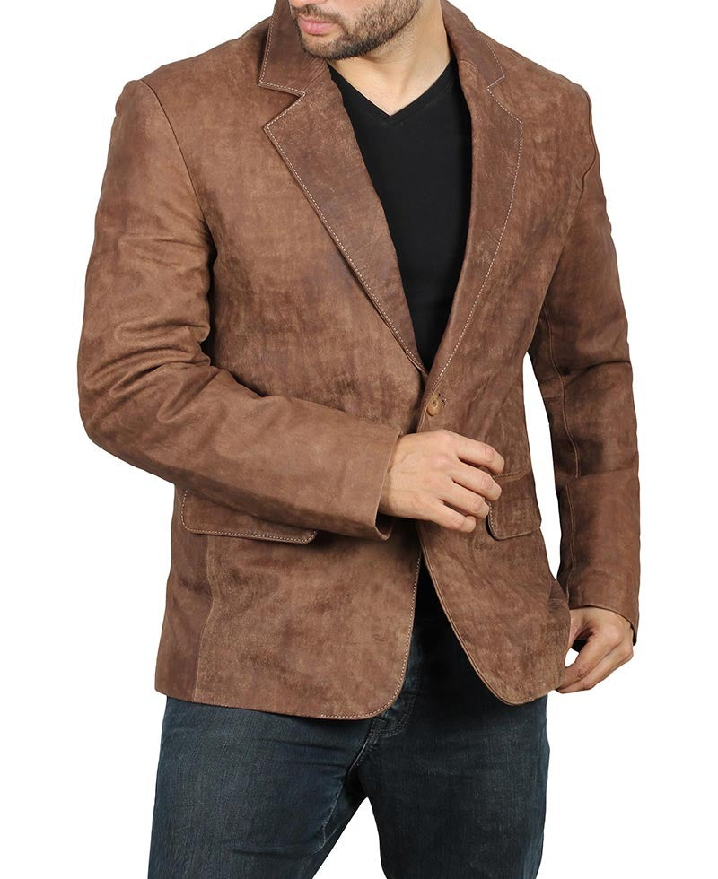 Men's Exclusive Two Button Real Leathear Brown Blazer - Timeless Sophistication