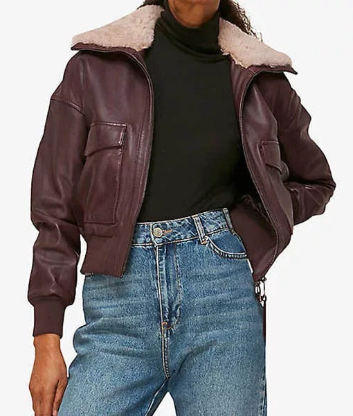 Women’s Burgundy Aviator Jacket with Shearling Collar