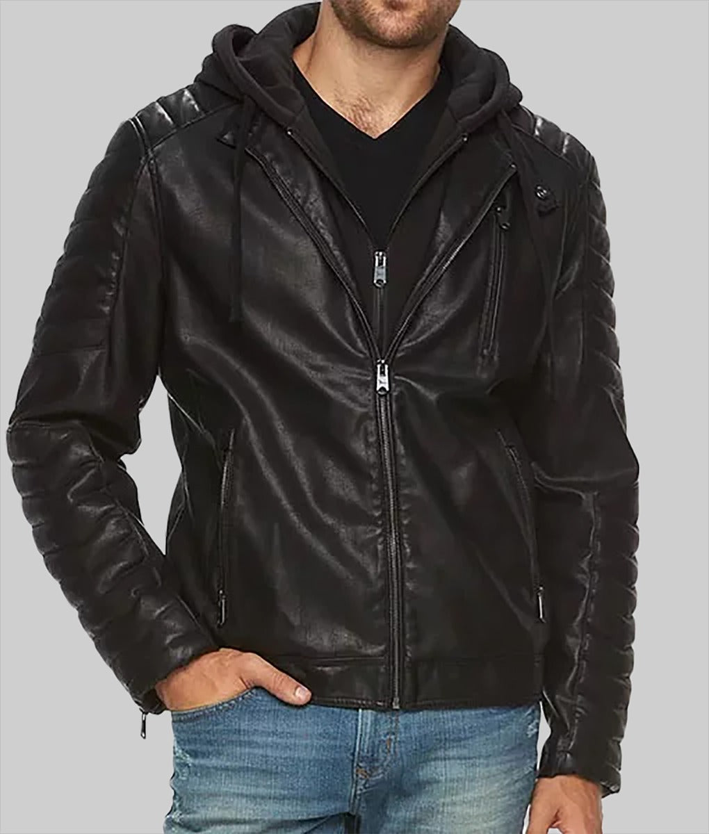 Burke Men’s Black Hooded Leather Café Racer Jacket