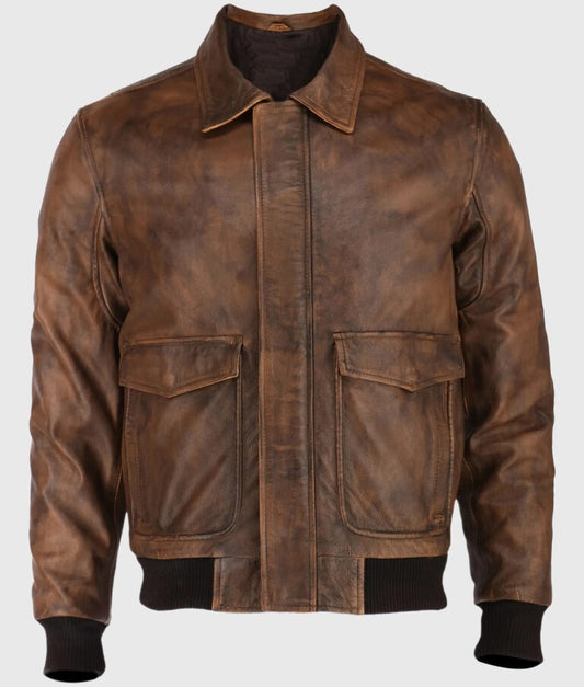 Bush Distressed Brown A-2 Bomber Leather Jacket for Men
