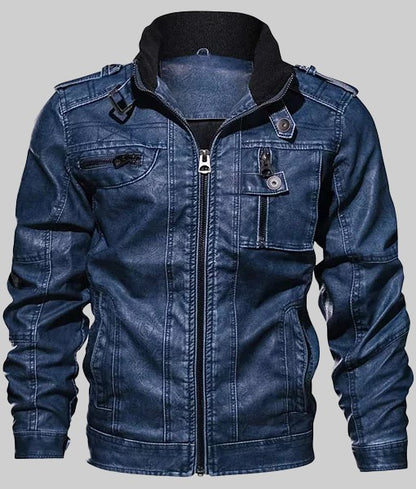 Butler Men’s Classic Blue Real Leather Biker Jacket