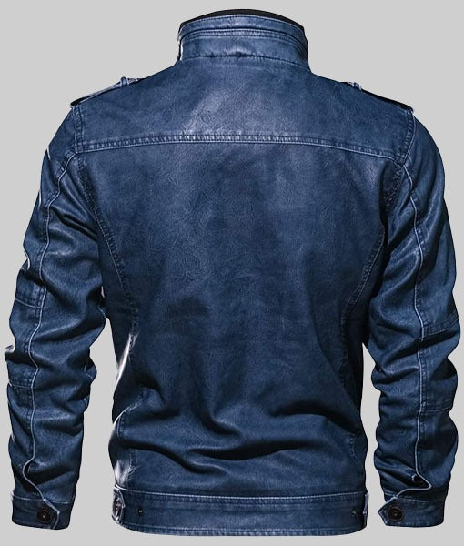 Butler Men’s Classic Blue Real Leather Biker Jacket
