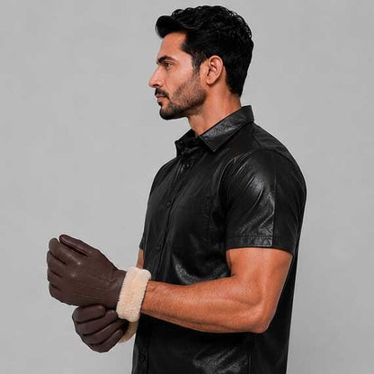 Dark Brown Leather Glove with Faux Fur Lining