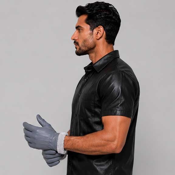 Grey Leather Glove with Faux Fur Lining