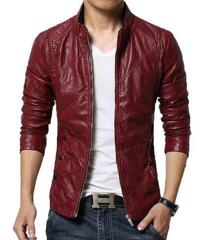 Men’s Maroon Slim Fit Real Leather Café Racer Jacket