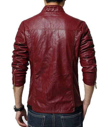Men’s Maroon Slim Fit Real Leather Café Racer Jacket
