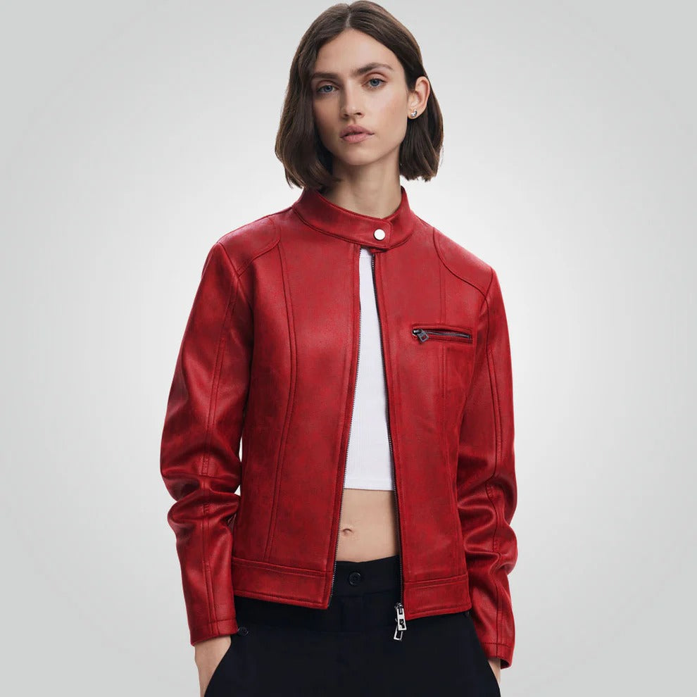 Cafe Racer Red Leather Jacket - Motorbike Style for Women