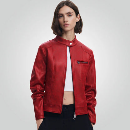 Cafe Racer Red Leather Jacket - Motorbike Style for Women