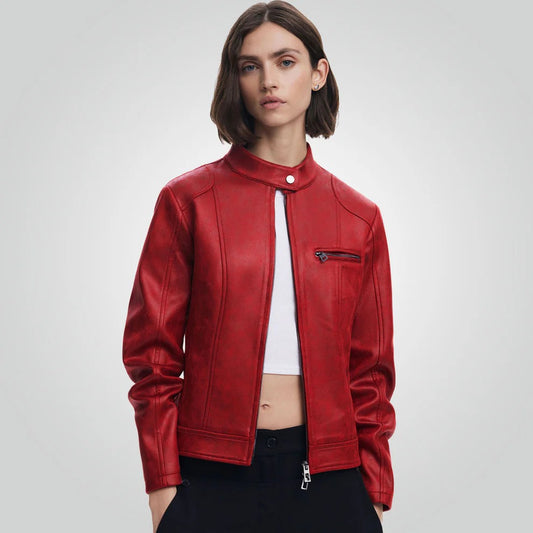 Cafe Racer Red Leather Jacket - Motorbike Style for Women