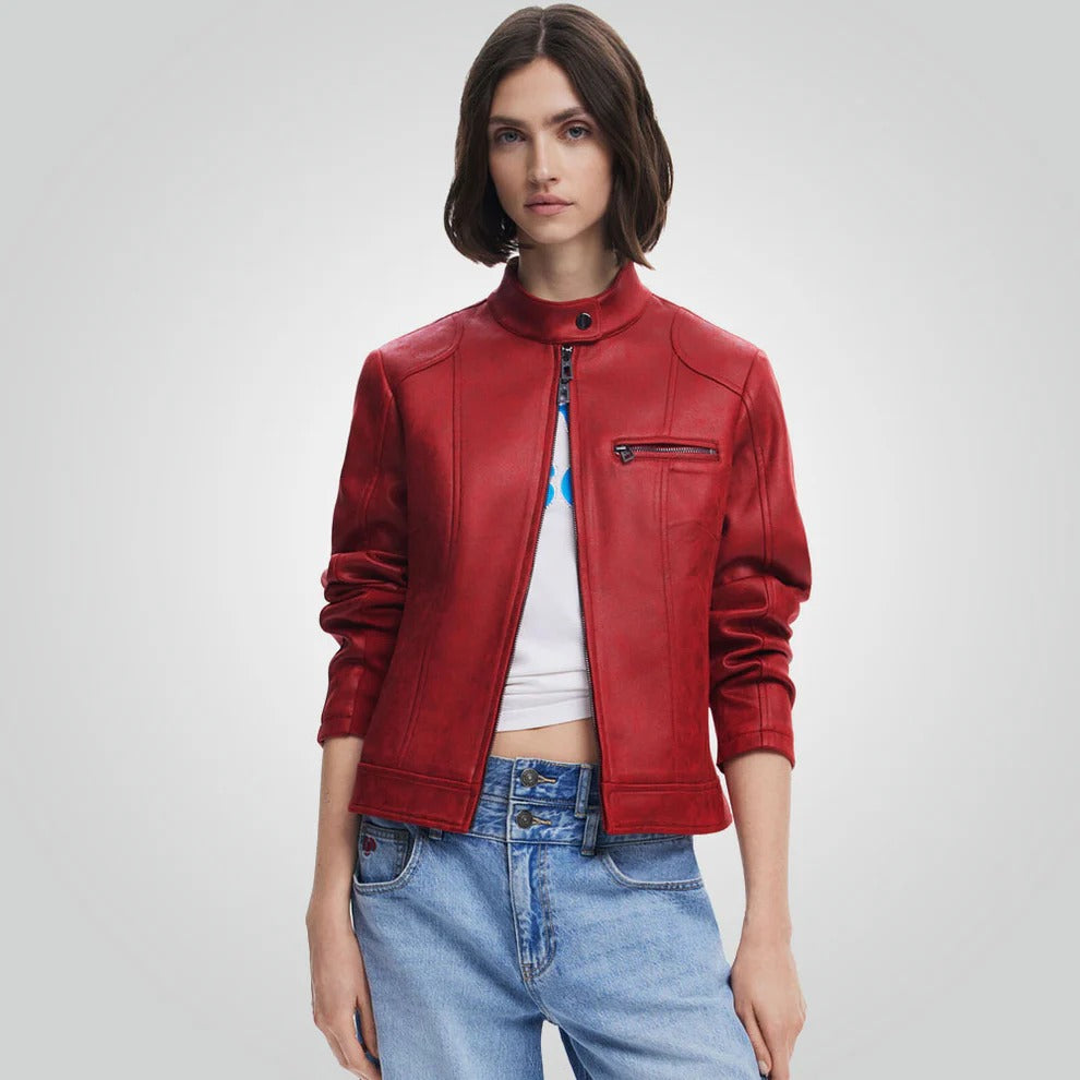 Cafe Racer Red Leather Jacket - Motorbike Style for Women