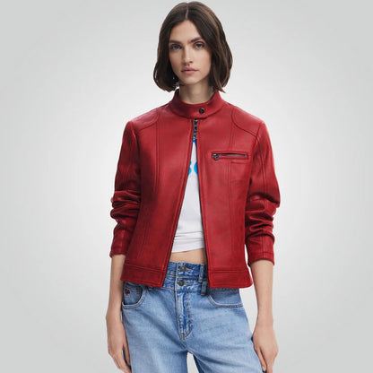 Cafe Racer Red Leather Jacket - Motorbike Style for Women