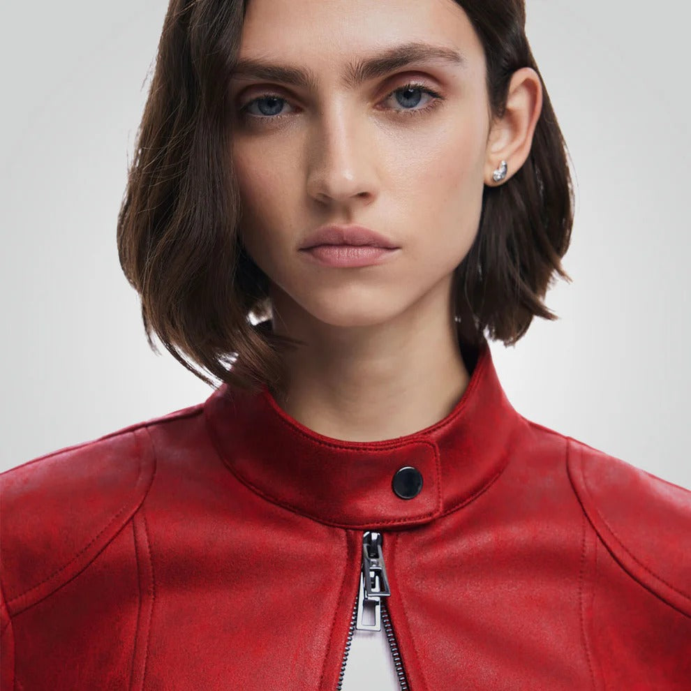 Cafe Racer Red Leather Jacket - Motorbike Style for Women